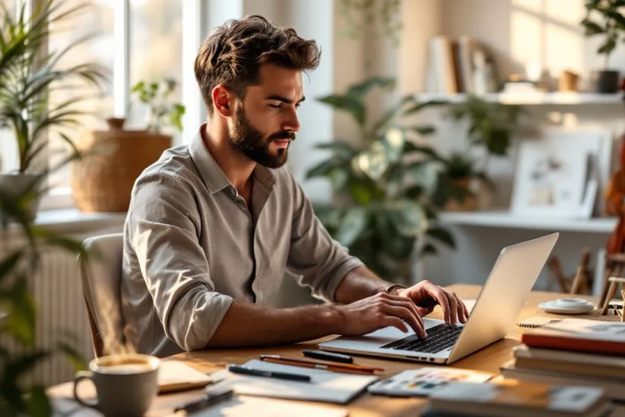 Pessoa trabalhando em um laptop em um ambiente doméstico