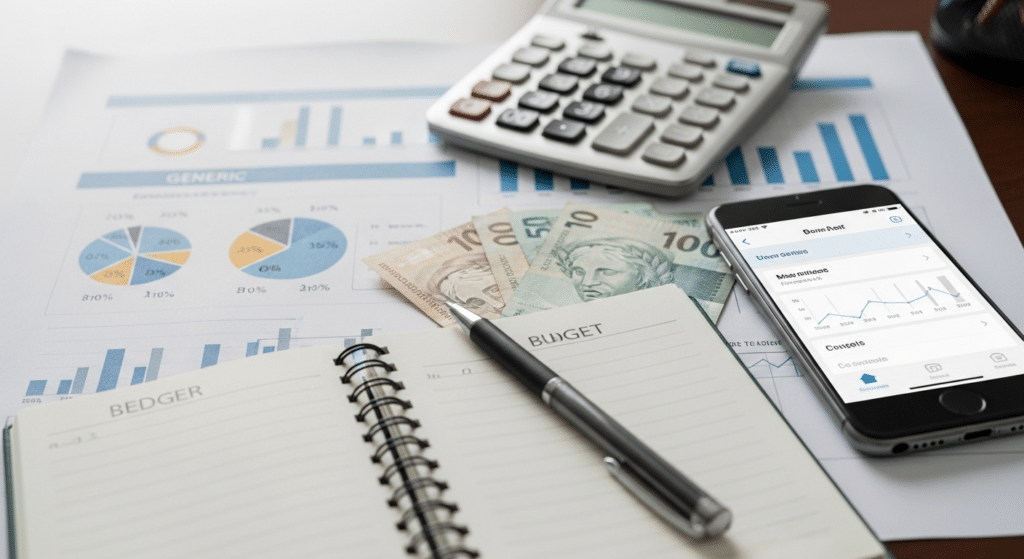 Mesa de trabalho com calculadora, documentos financeiros e dinheiro, ilustrando o impacto da Taxa Selic no planejamento financeiro