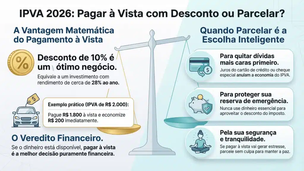 Infográfico comparando pagamento do IPVA 2026 à vista com 10% de desconto versus parcelamento, mostrando vantagens matemáticas e financeiras de cada opção
