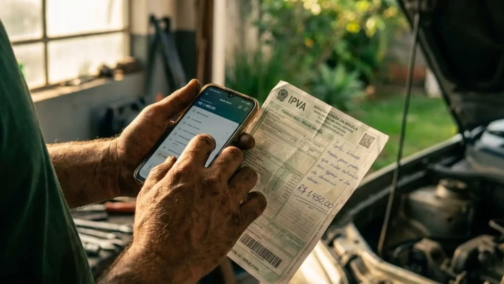 Homem verificando como pagar IPVA 2026 pelo smartphone com boleto bancário em mãos