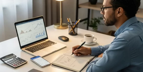 Pessoa analisando gráficos financeiros no notebook em um ambiente de trabalho, representando o impacto da Taxa Selic hoje