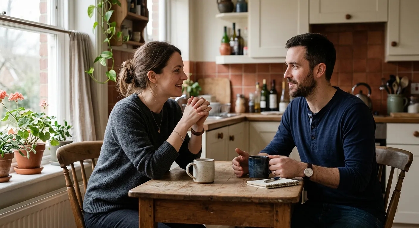 Couple having an honest money conversation before building a shared budget
