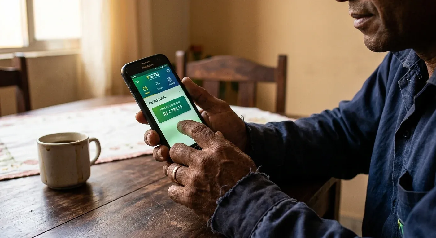 Trabalhador segura smartphone com app FGTS aberto aguardando crédito do lucro do FGTS 2026