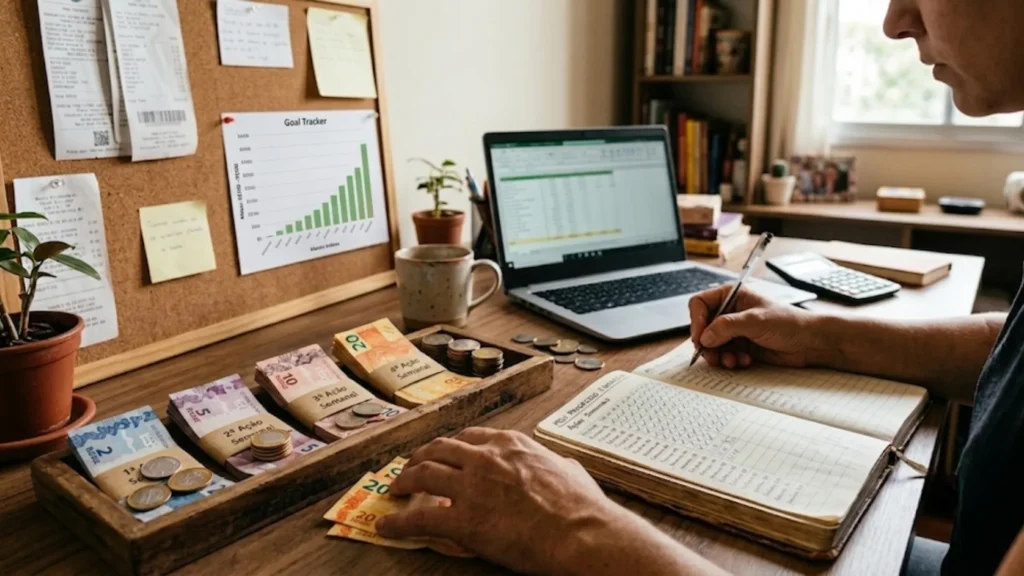 Pessoa organizando finanças em uma mesa de madeira, separando pequenos valores em notas de R$ 2, R$ 5, R$ 10 e R$ 20 com moedas em uma caixa etiquetada, enquanto anota o progresso em um caderno ao lado de um computador e quadro de metas.