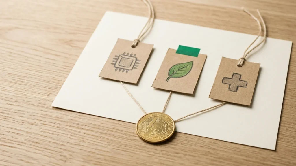 Etiquetas de papel conectadas por barbante representando como fundos temáticos organizam setores como tecnologia e sustentabilidade