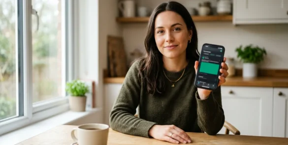 Mulher segurando celular com app financeiro aberto, representando controle de dados no open finance em 2026