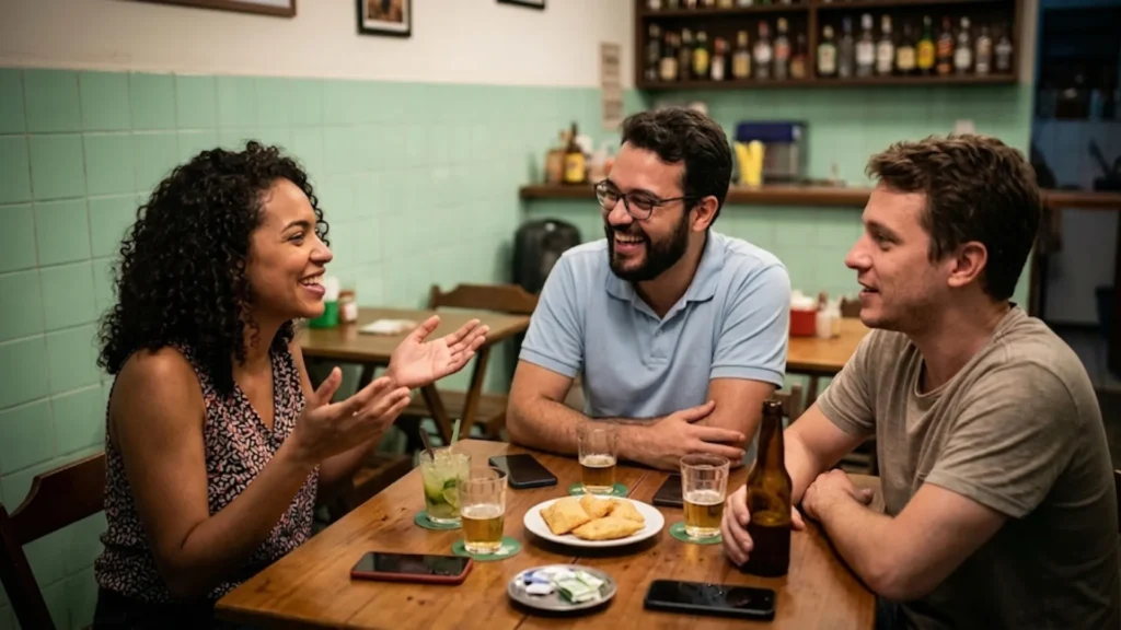 Grupo de amigos conversando abertamente sobre dinheiro e loud budgeting no cotidiano