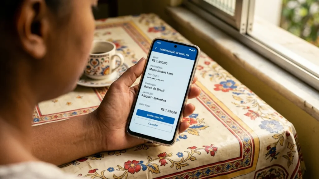 Confirmação de pagamento PIX sendo conferida no celular, tela de app bancário com valor e descrição da despesa