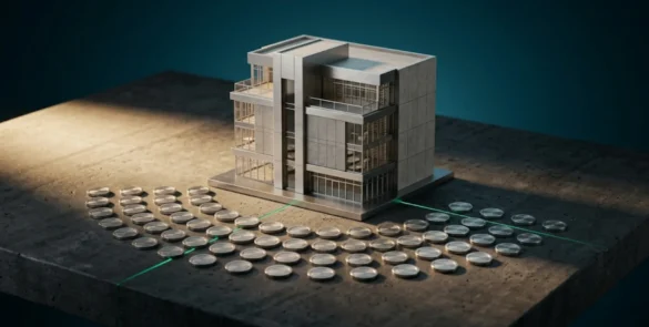 Uma maquete de arquitetura detalhada de um prédio comercial moderno sobre uma superfície de concreto escura. À frente e ao redor do prédio, dezenas de pequenas fichas metálicas idênticas estão dispostas em leque. Uma linha de luz verde fina conecta o prédio às fichas. A iluminação lateral dramática cria sombras longas e profundidade de campo rasa com foco no prédio. O fundo é um degradê azul-petróleo profundo.