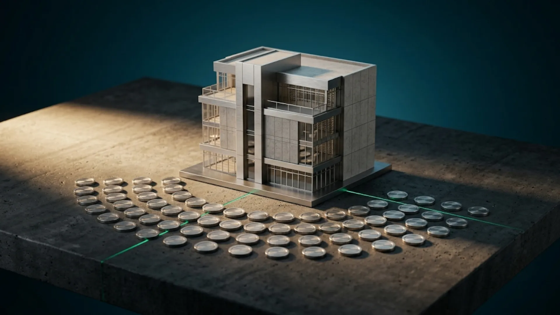 Uma maquete de arquitetura detalhada de um prédio comercial moderno sobre uma superfície de concreto escura. À frente e ao redor do prédio, dezenas de pequenas fichas metálicas idênticas estão dispostas em leque. Uma linha de luz verde fina conecta o prédio às fichas. A iluminação lateral dramática cria sombras longas e profundidade de campo rasa com foco no prédio. O fundo é um degradê azul-petróleo profundo.