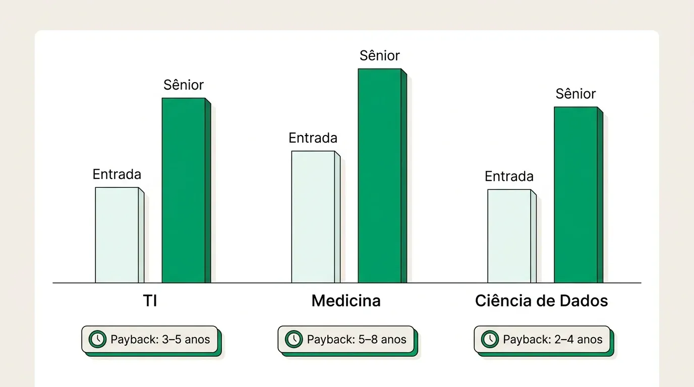 Gráfico comparando salário de entrada, salário sênior e payback estimado das profissões mais bem pagas do Brasil