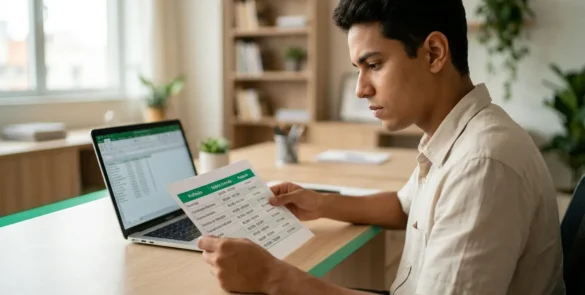 Adulto jovem analisando tabela impressa com salários e payback das melhores profissões do Brasil