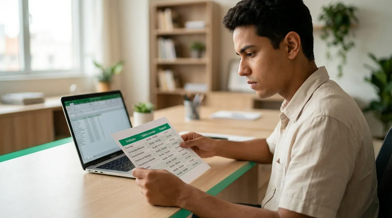Adulto jovem analisando tabela impressa com salários e payback das melhores profissões do Brasil