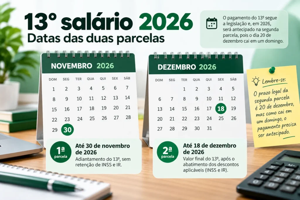 Calendário do décimo terceiro salário 2026 destacando o prazo da primeira parcela em 30 de novembro e da segunda parcela em 18 de dezembro, com informações sobre os descontos de INSS e IR.