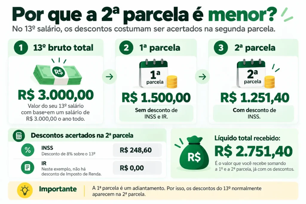 Infográfico explicando por que a segunda parcela do décimo terceiro costuma ser menor, com exemplo de salário de R$ 3.000, primeira parcela de R$ 1.500, segunda de R$ 1.251,40 e desconto de INSS de R$ 248,60.