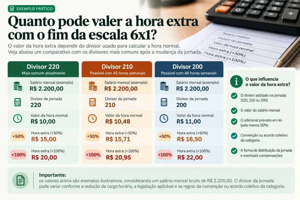 Infográfico comparando o cálculo da hora extra após o fim da escala 6x1, com salário de R$ 2.200 e divisores 220, 210 e 200, mostrando valores da hora normal e das horas extras com adicionais de 50% e 100%.